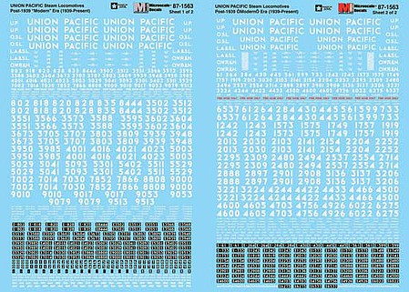 Microscale 601563 N Scale Railroad Decal Set -- Union Pacific Steam Locomotives 1939-Present (white numbers and lettering)