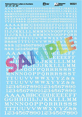 Microscale 90321 HO Scale Alphabet Decal Set -- Railroad Roman Letters & Numbers 10, 14, 18, 20" (white)