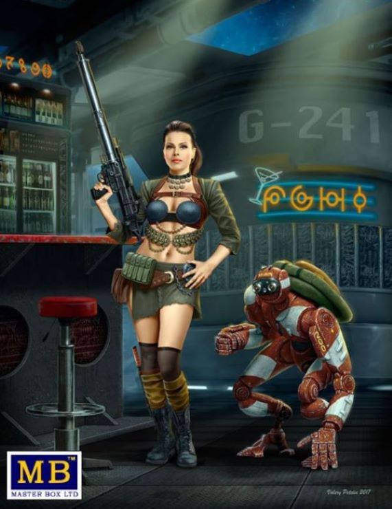 Master Box Models 24035 1/24 At the Edge of the Universe: Female Warrior Holding Machine Gun & Fighting Robot