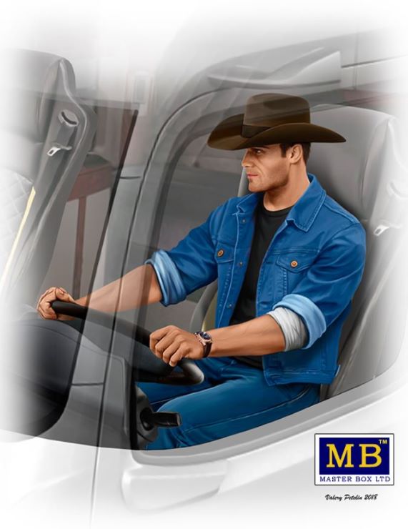 Master Box Models 24044 1/24 Mike Barrington Trucker Sitting wearing Cowboy Hat & Denim Jacket