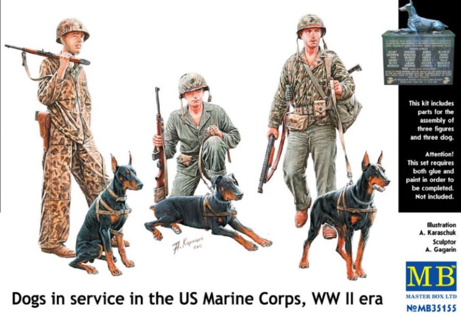 Master Box Models 35155 1/35 WWII Dogs in USMC Service (3 w/3 Figures)