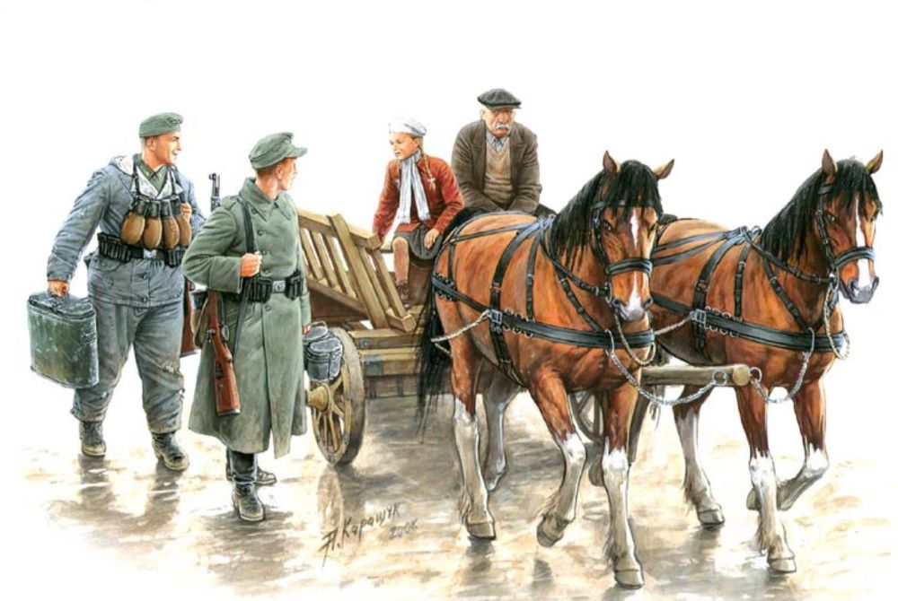 Master Box Models 3538 1/35 Somewhere in Europe 1944 (4 Figures, 2 Horses & Cart)
