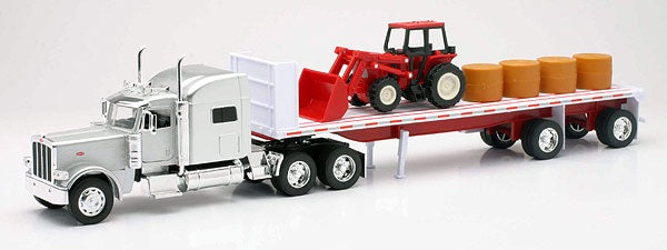 New Ray 10293 1/32 Peterbilt 389 w/Flatbed Trailer, Farm Tractor & Hay Load (Die Cast)