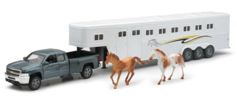 New Ray 10713 1/32 Chevrolet Silverado Extended Cab Pickup Truck w/Horse Trailer & 2 Horses (Die Cast)