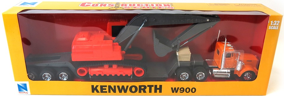 New Ray 11293 1/32 Kenworth W900 w/Lowboy Trailer & Challenger Excavator (Die Cast)