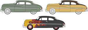 Oxford Diecast 87SET002 HO Scale 1949 Mercury 8 Coupe 3-Pack - Assembled -- 70th Anniversary Set (1 Each: green, beige, Black with Flames)