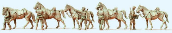 Preiser 16607 HO Unpainted German Cavalrymen Standing w/Horses (5) WWII (Kit)