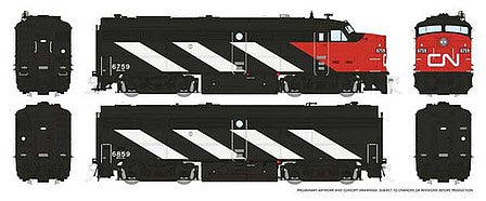 Rapido Trains 21108 HO Scale MLW FPA-2u - FPB-2u Set - Standard DC -- Canadian National 6759, 6859 (black, white, red, Noodle Logo, Stripes)