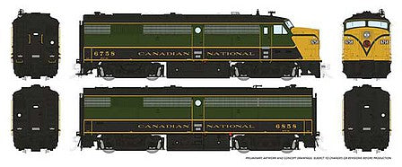 Rapido Trains 21605 HO Scale MLW FPA-2u - FPB-2u Set - Sound and DCC -- Canadian National 6758, 6858 (1954, green, black, yellow)