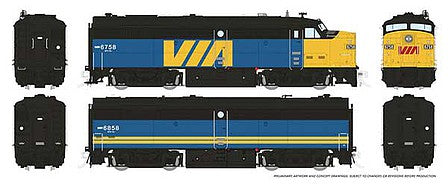 Rapido Trains 21609 HO Scale MLW FPA-2u - FPB-2u Set - Sound and DCC -- VIA Rail Canada 6758, 6858 (blue, yellow, red)