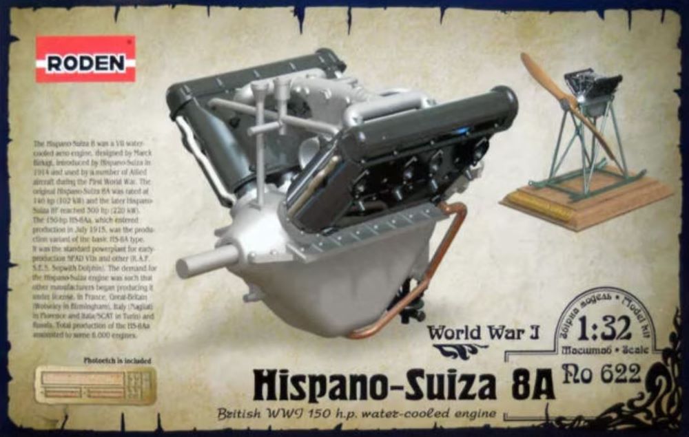 Roden 622 1/32 Hispano Suiza 8A WWI 150hp Water-Cooled Aircraft Engine