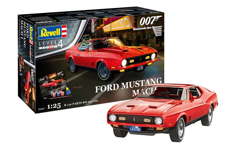 Revell 5664 1/25 James Bond Ford Mustang I Car from Diamonds Are Forever Movie w/paint & glue