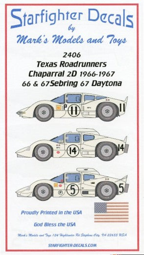 Starfighter Decals 2406 1/24 Texas Roadrunners Chaparral 2D Sebring/Daytona 1966-1967 for FJM