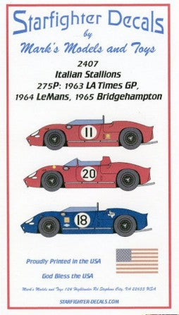 Starfighter Decals 2407 1/24 Italian Stallions: 275P 1963 LA Times GP, 1964 LeMans, 1965 Bridgehampton for RMX (D)
