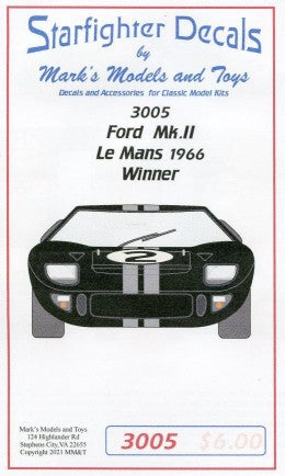 Starfighter Decals 3005 1/32 Ford GT Mk II 1966 LeMans Winner for Slot Cars (D)