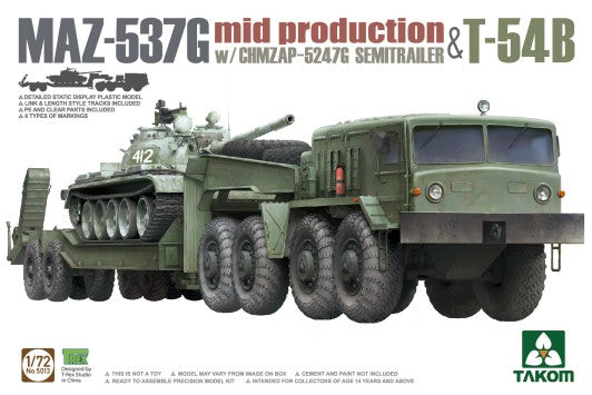 Takom 5013 1/72 MAZ537G Mid Production Tank Tractor w/CHMZAP-5247G Semi-Trailer & T54B Tank (3 Kits)