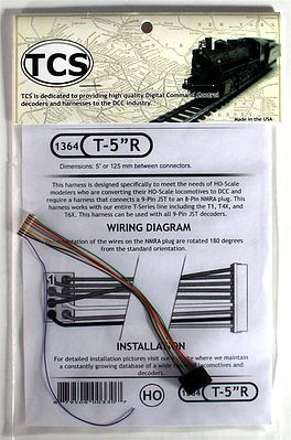 Train Control Systems (TCS) 1364 All Scale DCC Decoder Harness -- T-5"R NMRA 8-Pin Plug Rotated 180 Degrees, 5" 12.7cm Wires T Series Harnes