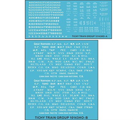 Tichy Trains 101436N N Scale Railroad Decal Set -- 50+ Roadnames for Flatcars (white lettering)
