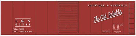 Tichy Trains 10237O O Scale Railroad Decal Set -- Louisville & Nashville 40' Steel Boxcar (Boxcar Red Car, Old Reliable Slogan