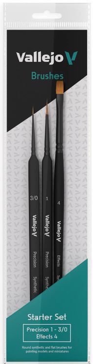 Vallejo 3990 Starter Synthetic Brush Set: Precision Round 3/0 & 1, Effects Flat 4