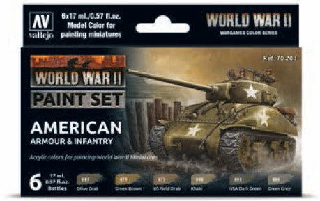 Vallejo 70203 17ml Bottle WWII Wargames American Armour & Infantry Model Color Paint Set (6 Colors)
