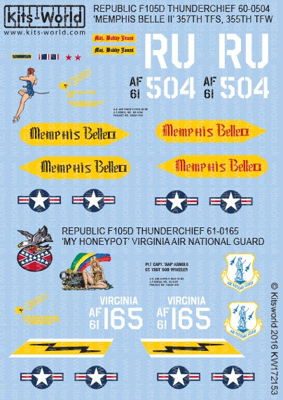 Warbird Decals 172153 1/72 F105D Memphis Belle 357th/355th Royal Thai Air Base, My Honeypot Virginia Air National Guard
