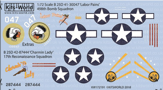 Warbird Decals 172191 1/72 B25D Labor Pains 498th BS, Charmin Lacy 17th Recon Sq.