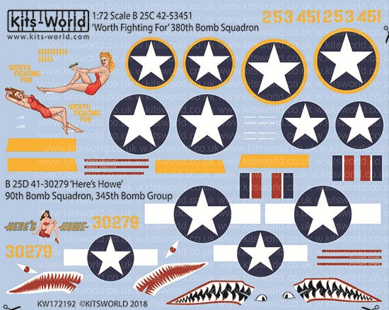Warbird Decals 172192 1/72 B25C/D Worth Fighting For 380th BS, Here's Howe 90th BS/345th BG