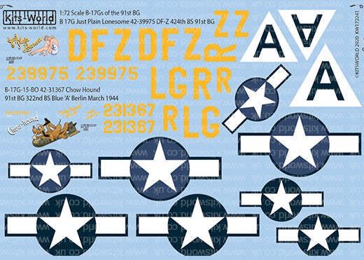Warbird Decals 172241 1/72 B17G's/G 91st BG 322nd BS Chow Hound, Just Plain Lonesome 424th BS 91st BG