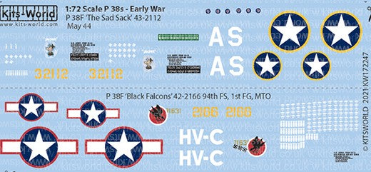 Warbird Decals 172247 1/72 P38's/F Early War The Sad Sack 95th FS Italy, Black Falcons 94th FS 1st FG