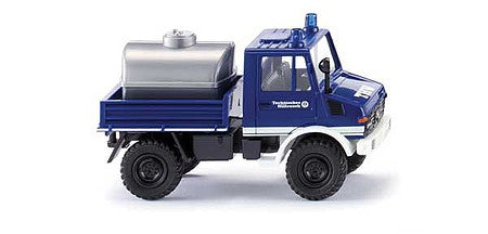 Wiking 37403 HO Scale 1975-1988 Unimog U 1300 Truck with Tank Load - Assembled -- THW (blue, white, German Lettering)