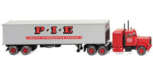 Wiking 52706 HO Scale 1977-1986 Peterbilt Sleeper-Cab Tractor with 40' Container on Trailer - Assemb -- Pacific Intermountain Express (red, silver)