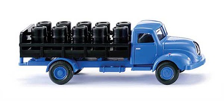 Wiking 57003 HO Scale Magirus S 3500 Flatbed Truck with Barrel Load - Assembled -- Scholven-Chemie (blue, black, German Lettering)