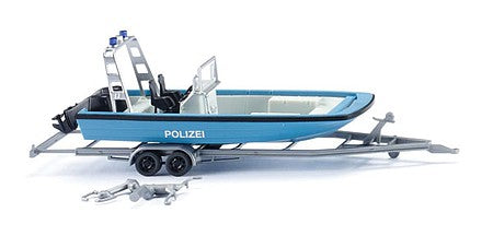 Wiking 9545 HO Scale Lehman MZB 72 Mult-Purpose Boat on trailer - Assembled -- Police (blue, silver, German Lettering)