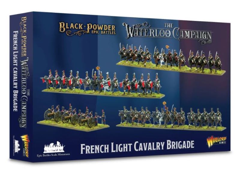 Warlord Games 2002 15mm Black Powder Epic Battles: Waterloo French Light Cavalry Brigade (55 mtd, 3 guns w/12 figs)