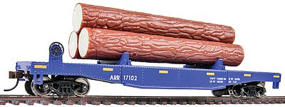 Walthers Trainline 1770 HO Scale Log Dump Car with 3 Logs - Ready to Run -- Alaska Railroad #17102 (blue, yellow Conspicuity Marks)