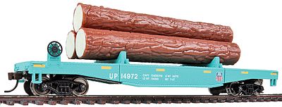 Walthers Trainline 1773 HO Scale Log Dump Car with 3 Logs - Ready to Run -- Union Pacific 14972 (MOW Scheme; green, yellow Conspicuity Marks)
