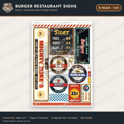 Alpine Railworks 30449G G Scale Burger Restaurant Signs