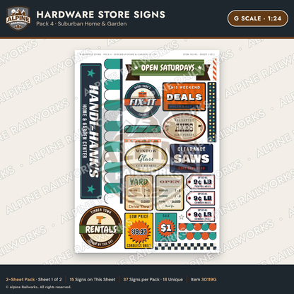 Alpine Railworks 30119G G Scale Hardware Store Signs - Suburban Home