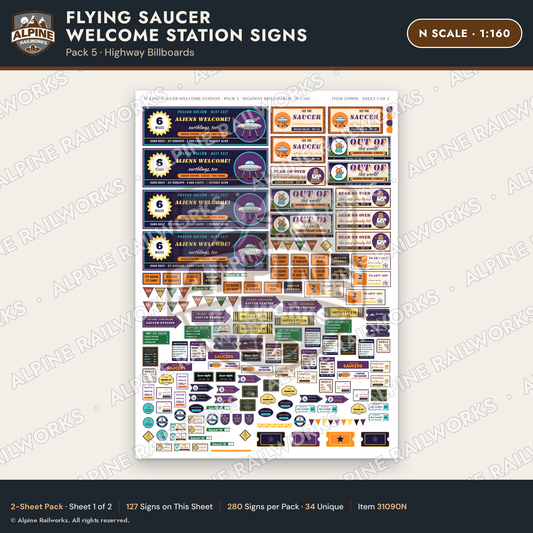 Alpine Railworks 31090N N Scale Roadside Signs - UFO Welcome Center