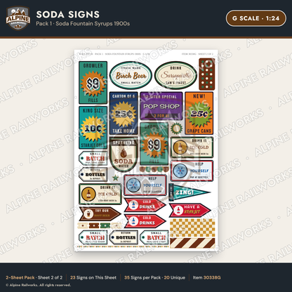 Alpine Railworks 30338G G Scale Soda Signs - Soda Fountain Syrups