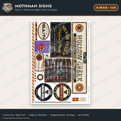 Alpine Railworks 30162G G Scale Mothman Signs - Mothman Night Tours