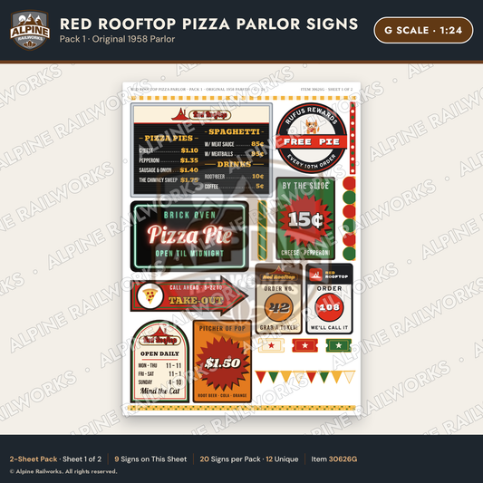 Alpine Railworks 30626G G Scale Restaurant Signs - Pizza Parlor
