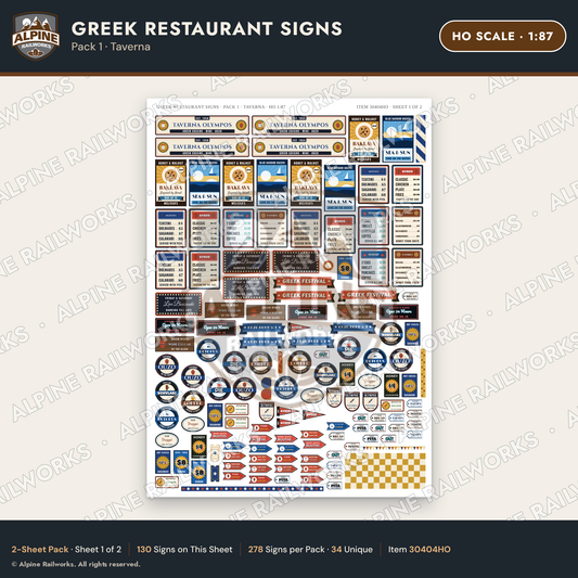 Alpine Railworks 30404HO HO Scale Greek Restaurant Signs - Taverna