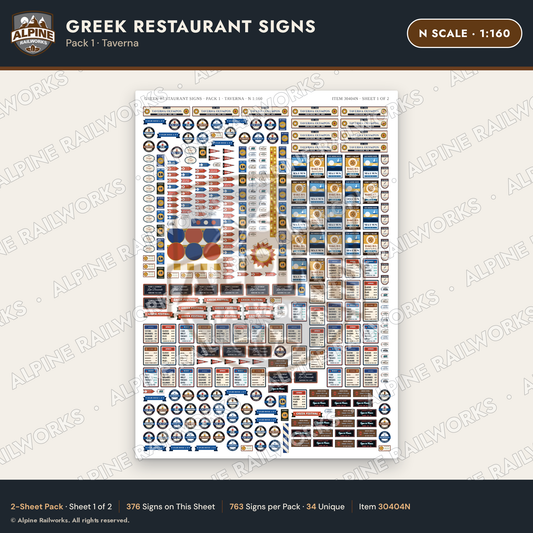 Alpine Railworks 30404N N Scale Greek Restaurant Signs - Taverna