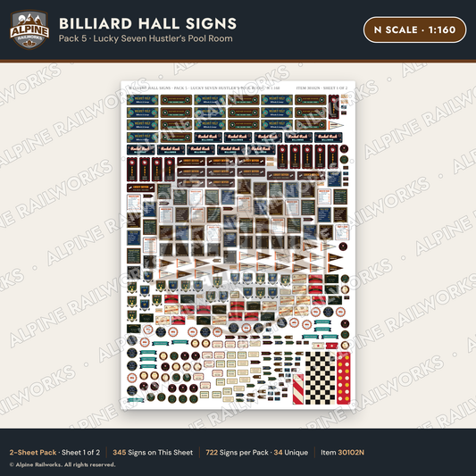 Alpine Railworks 30102N N Scale Billiard Hall Signs