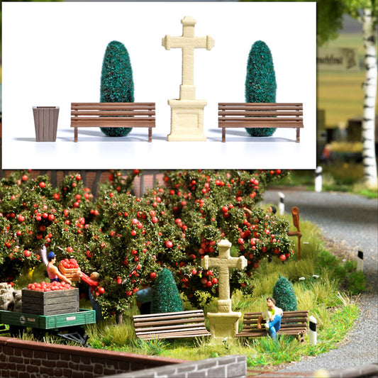 Busch 8110 N Scale Stone Cross Scene with Trees & Benches