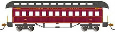 Bachmann 15104 HO Scale Old-Time Wood Coach with Round-End Clerestory Roof - Ready to Run -- Atchison, Topeka & Santa Fe #93 (Boxcar Red, black)