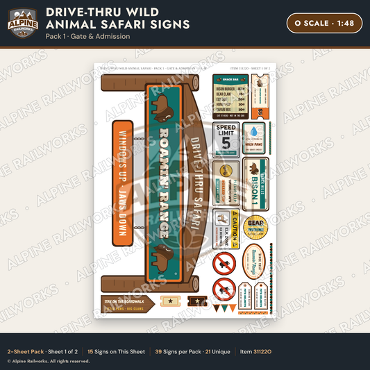 Alpine Railworks 31122O O Scale Roadside Signs - Drive-Thru Safari