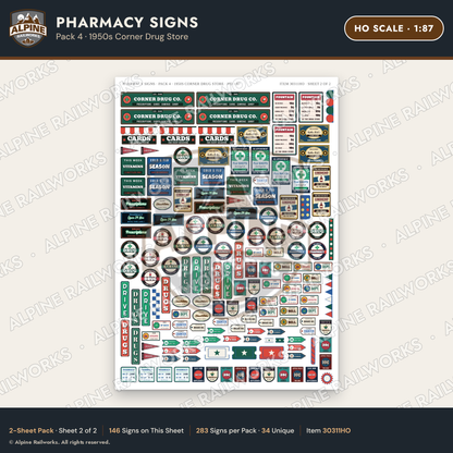 Alpine Railworks 30311HO HO Scale Pharmacy Signs - Corner Drug Store